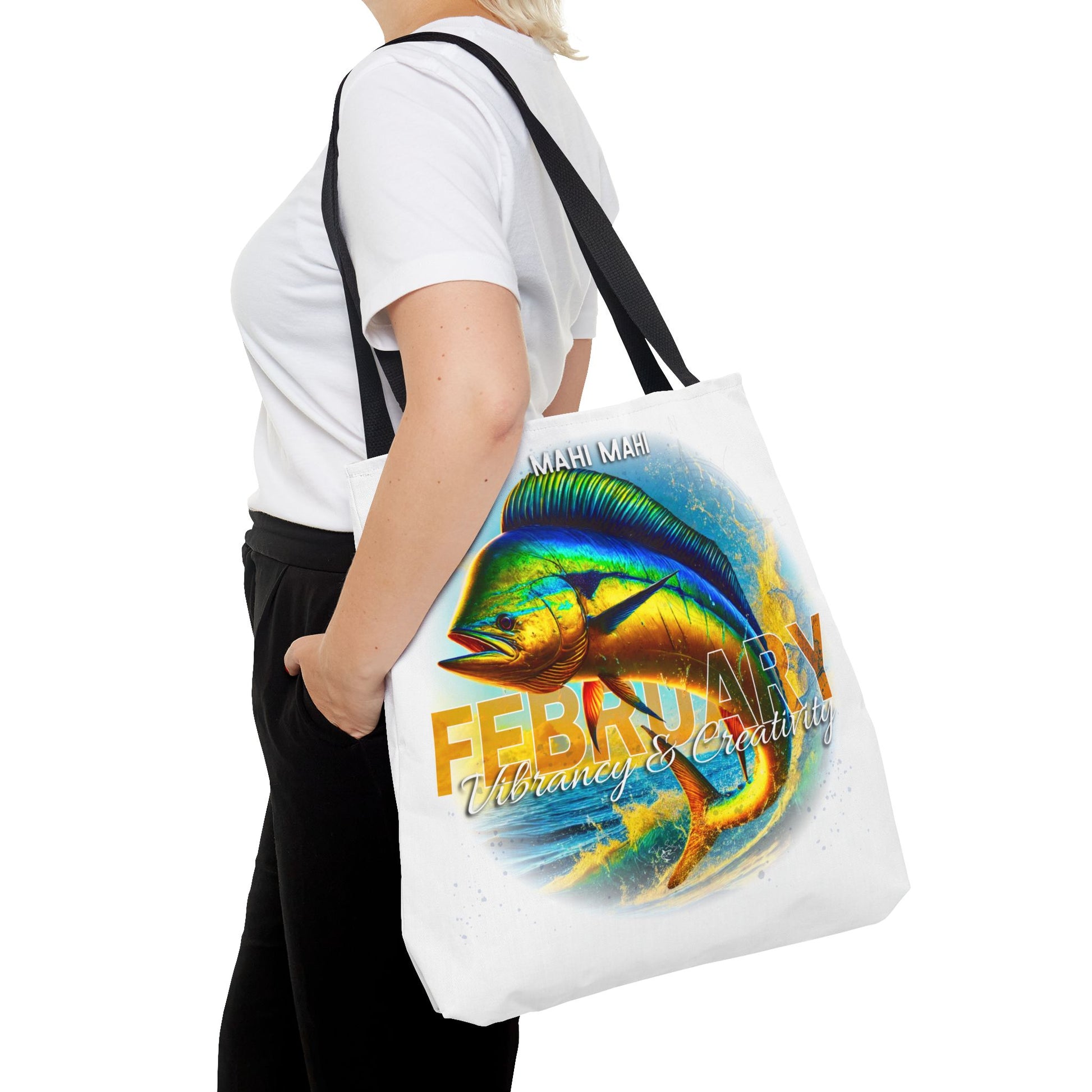 Birth month beach tote featuring colorful February mahi mahi fish design carried by woman
