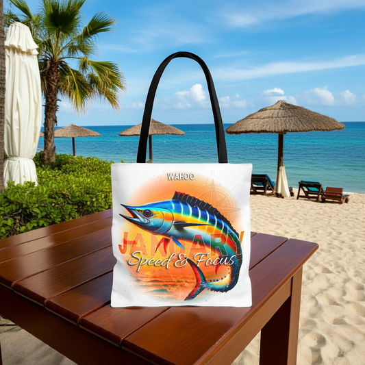 Birth month beach tote with colorful wahoo fish design on a wooden table by the beach