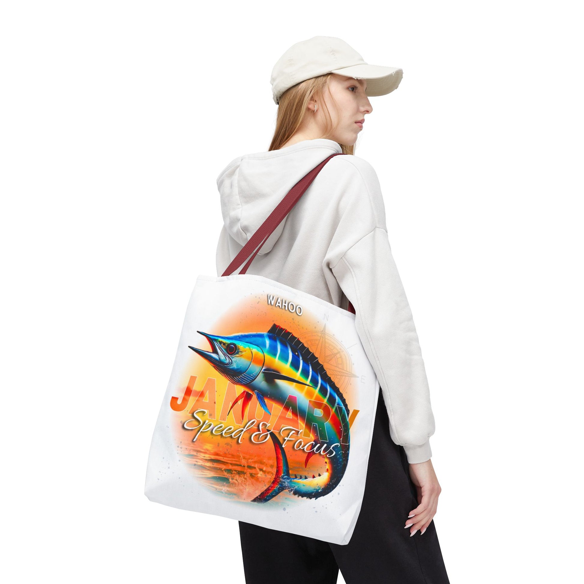 Birth month beach tote featuring colorful January design with fish and text Speed and Focus
