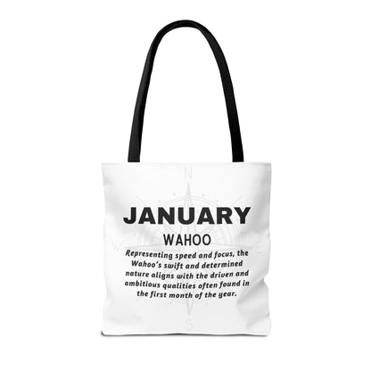 January birth month beach tote with black handles and motivational text design