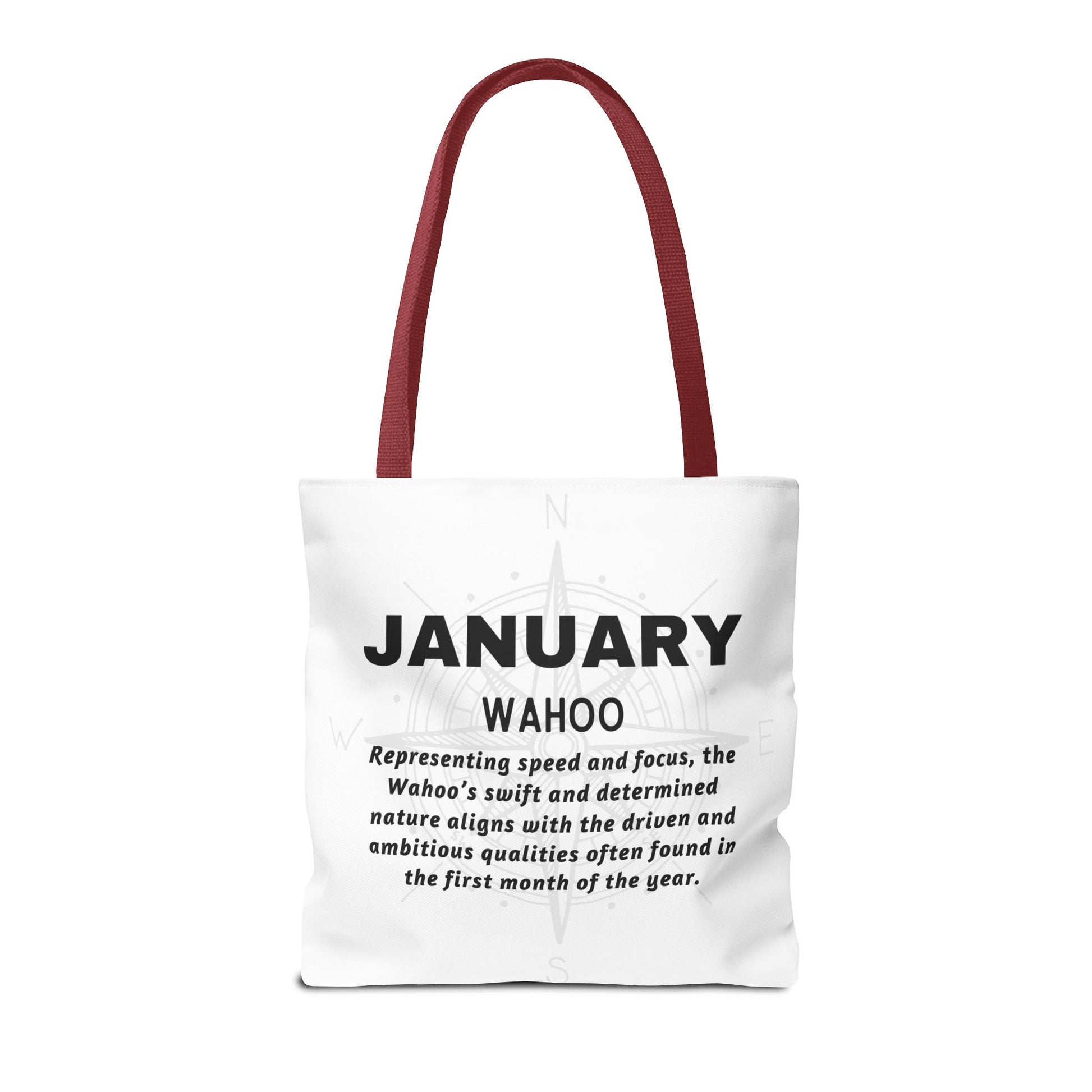January birth month beach tote with motivational text and maroon handles