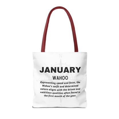 January birth month beach tote with motivational text and maroon handles