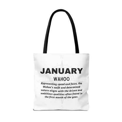 White January birth month beach tote with black handles and motivational text design