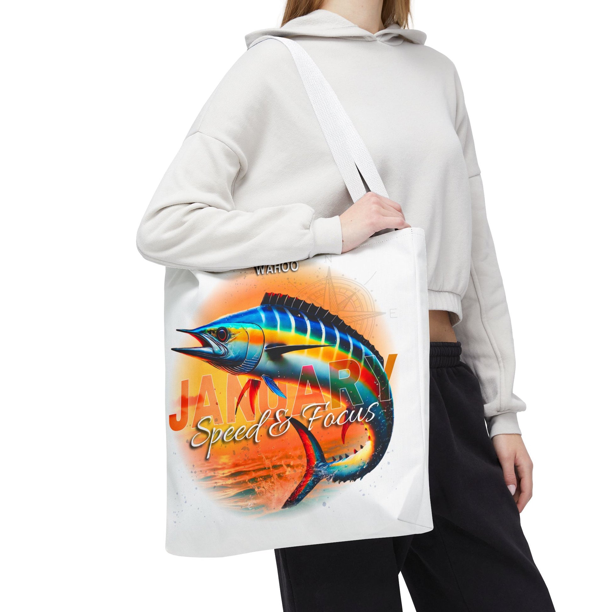 Birth month beach tote featuring vibrant January marlin design with speed and focus theme