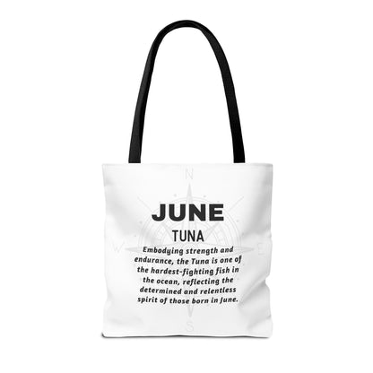 June birth month beach tote with black handles featuring Tuna fish description