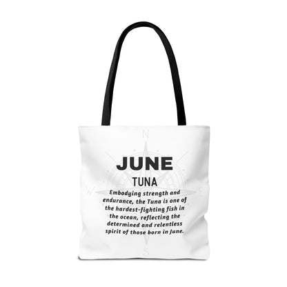 Birth month beach tote for June featuring Tuna design and inspirational text about strength and endurance