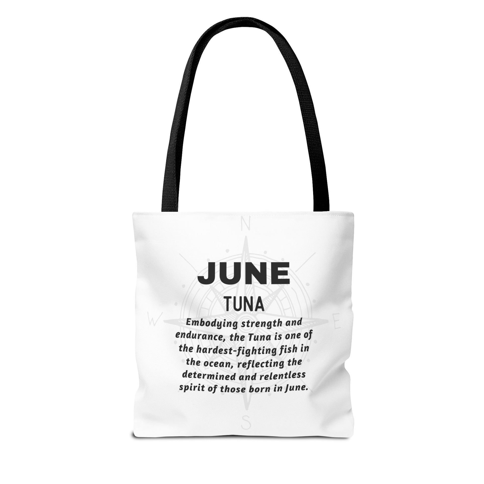 White birth month beach tote for June with Tuna design and inspirational text
