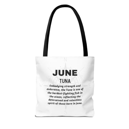White birth month beach tote for June with Tuna design and inspirational text