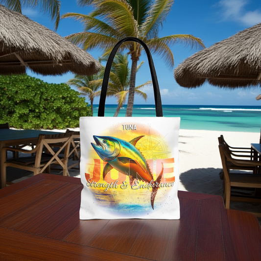 Birth month beach tote with colorful tuna fish design and black handles on wooden table at tropical beach