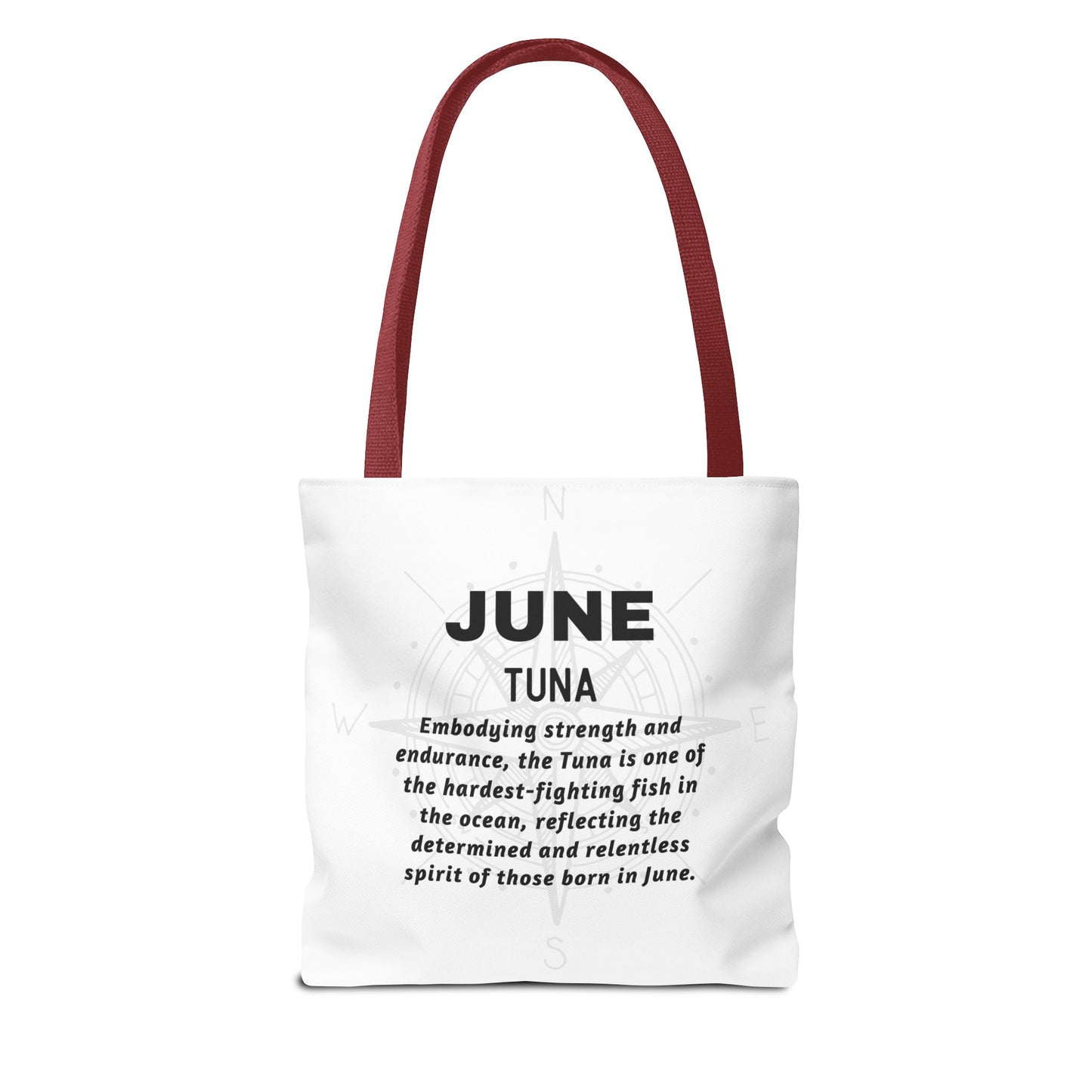 June birth month beach tote with tuna design and motivational text on white fabric