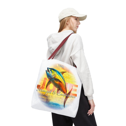 Birth month beach tote with colorful tuna fish design and strength endurance text on white bag