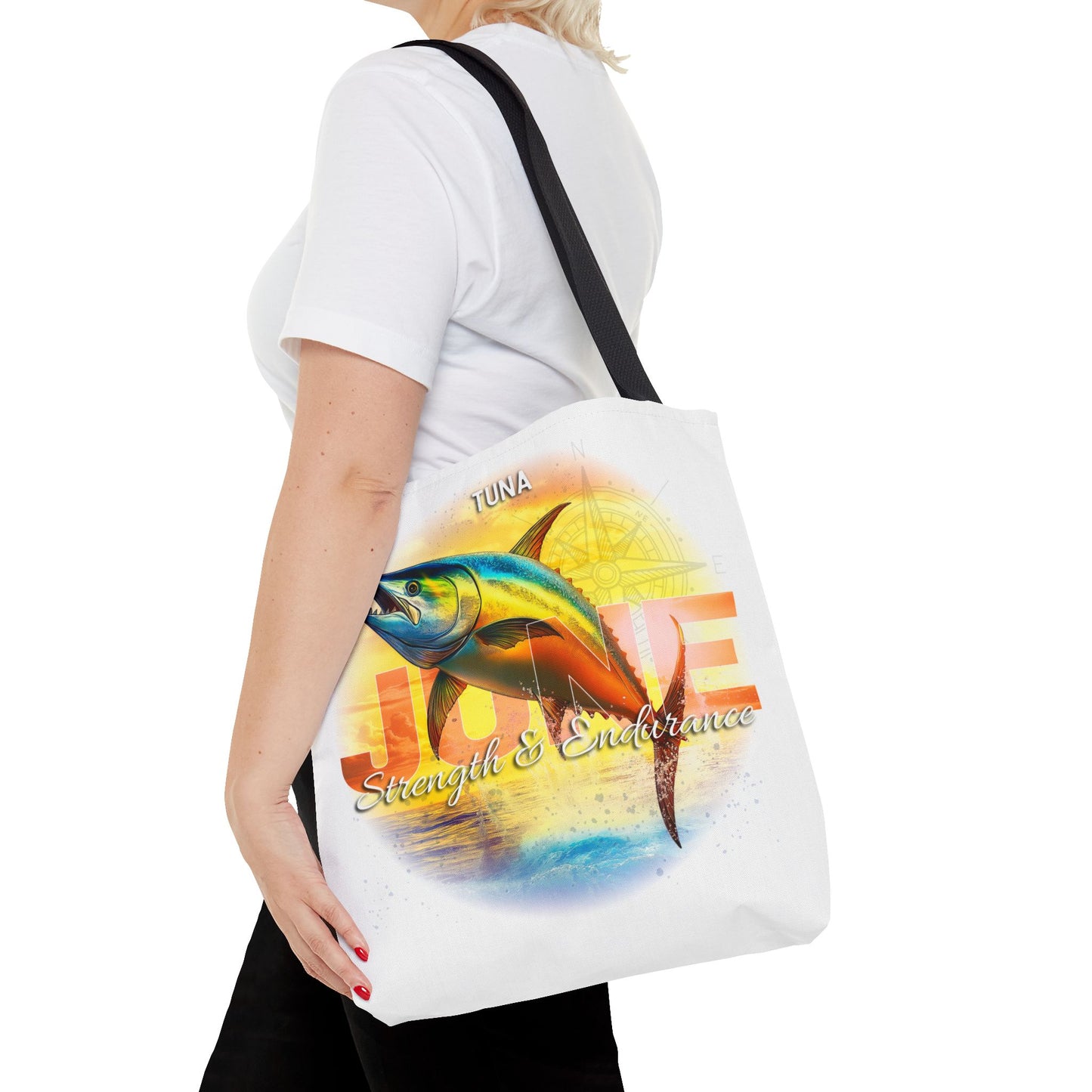 Birth month beach tote with June design featuring tuna fish and strength endurance text