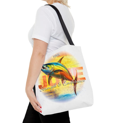 Birth month beach tote with June design featuring tuna fish and strength endurance text