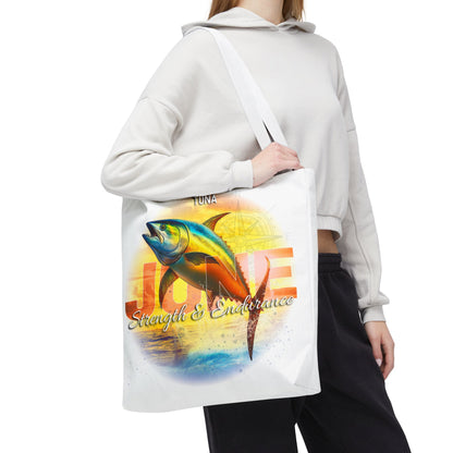 Birth month beach tote with colorful tuna fish design and June text for summer beach use