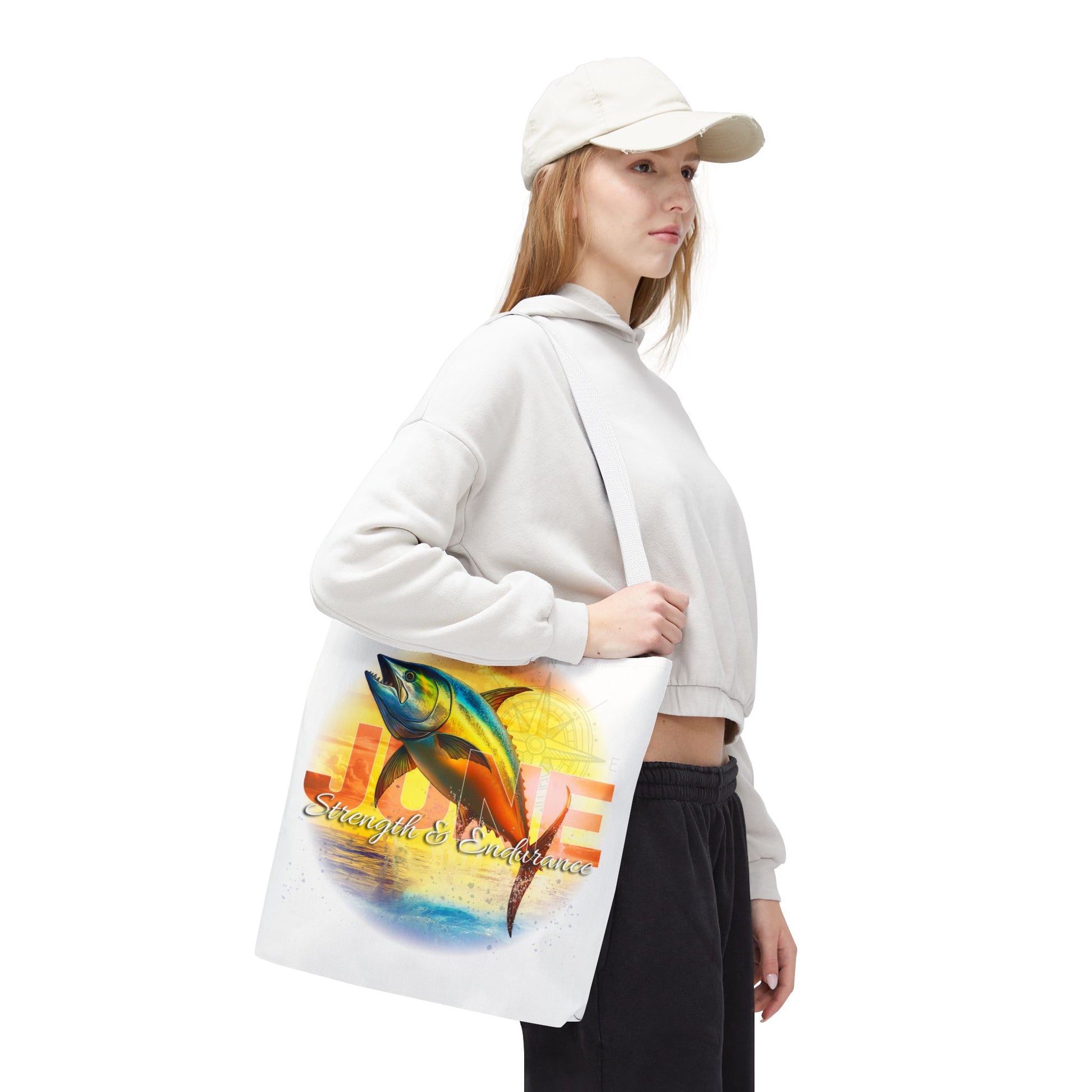 Birth month beach tote with colorful fish design and strength and endurance text