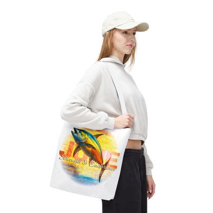 Birth month beach tote with colorful fish design and strength and endurance text