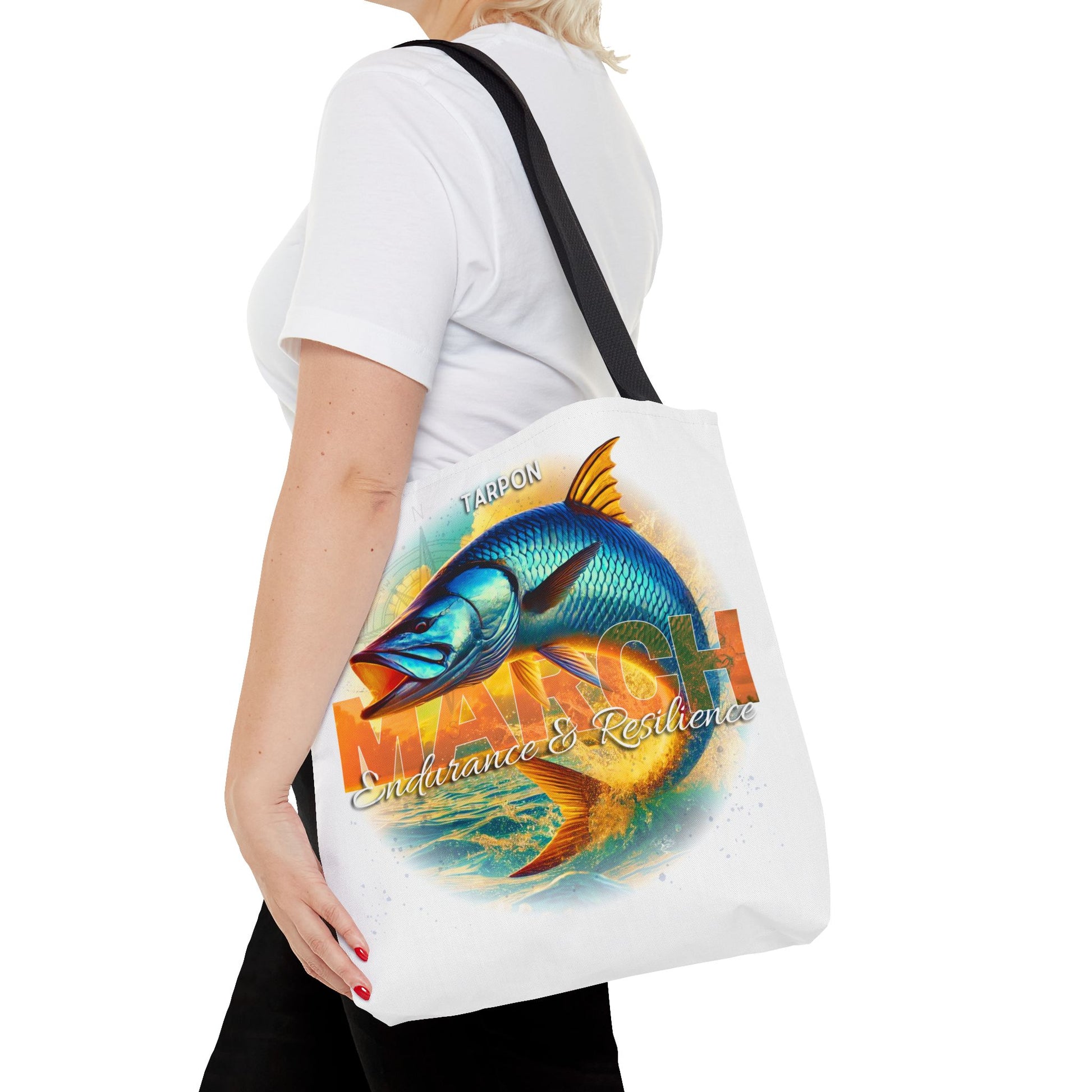 Birth month beach tote with colorful tarpon fish design and endurance resilience text