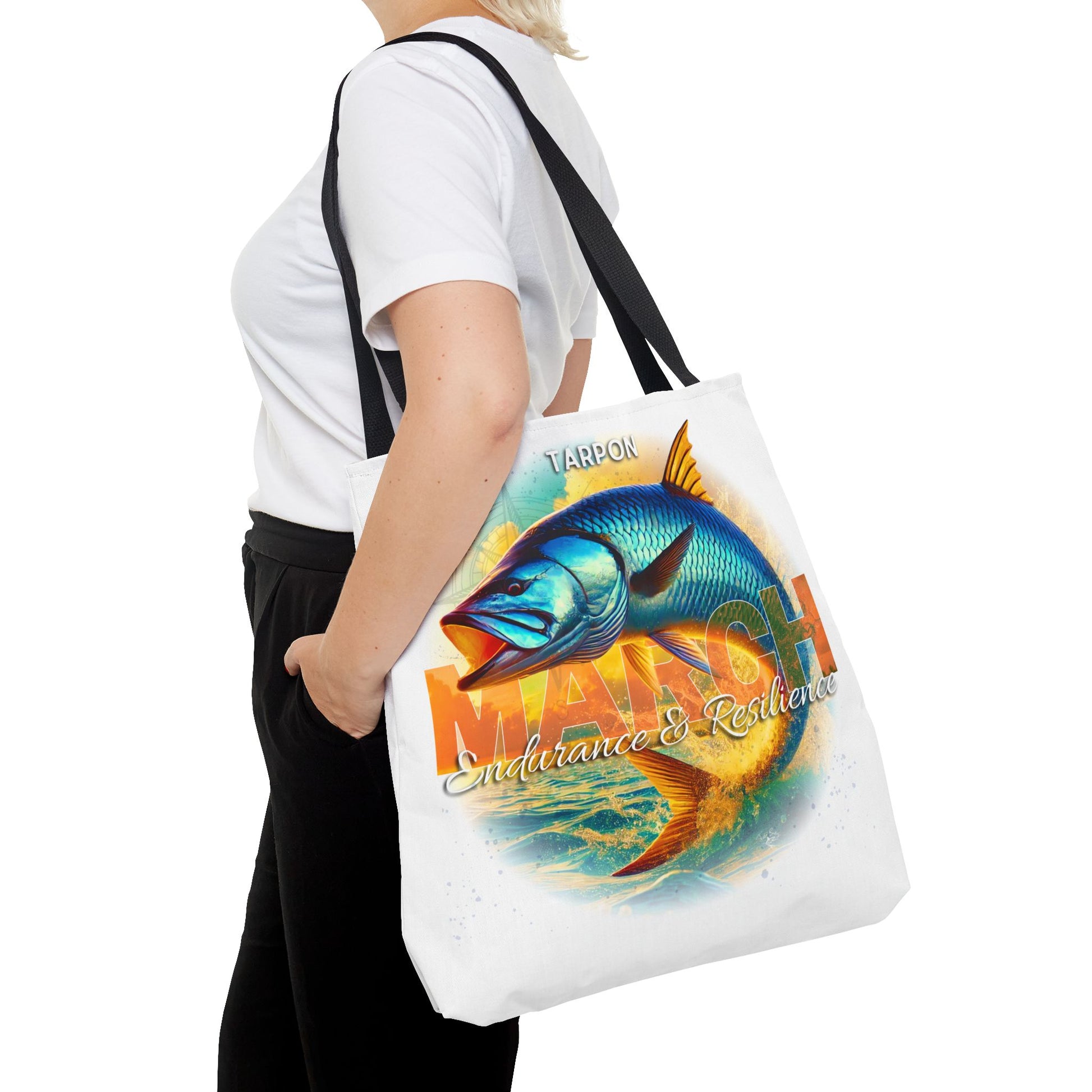 Birth month beach tote featuring vibrant tarpon fish design with endurance and resilience text