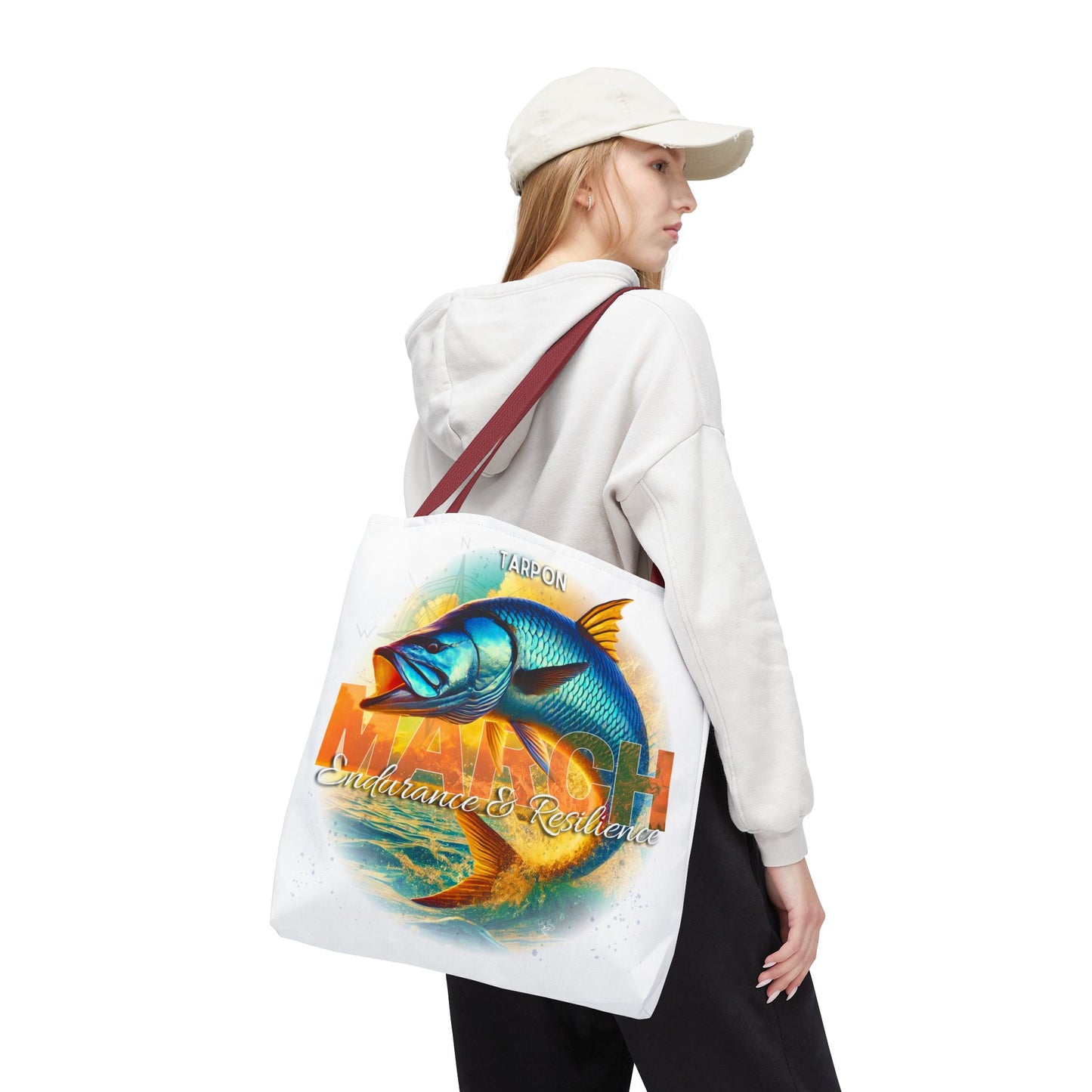 Birth month beach tote featuring colorful tarpon fish design with endurance and resilience text