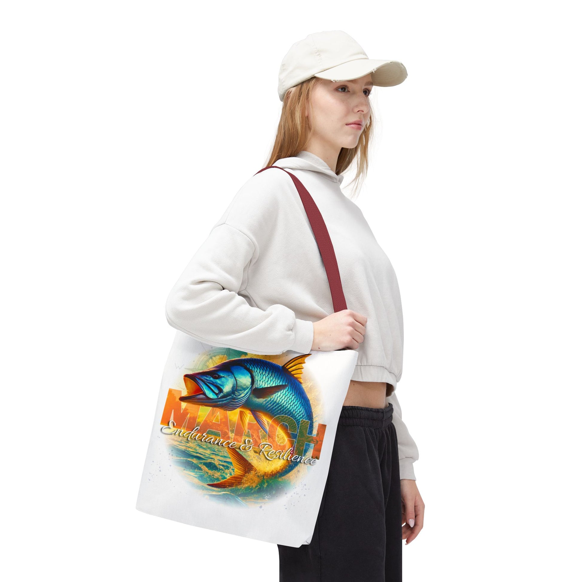 Woman wearing a white birth month beach tote with March design featuring a colorful fish and motivational text