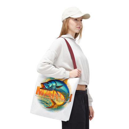 Woman wearing a white birth month beach tote with March design featuring a colorful fish and motivational text