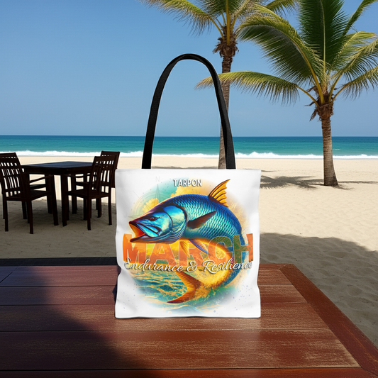 Birth month beach tote with colorful tarpon fish and March design on white background