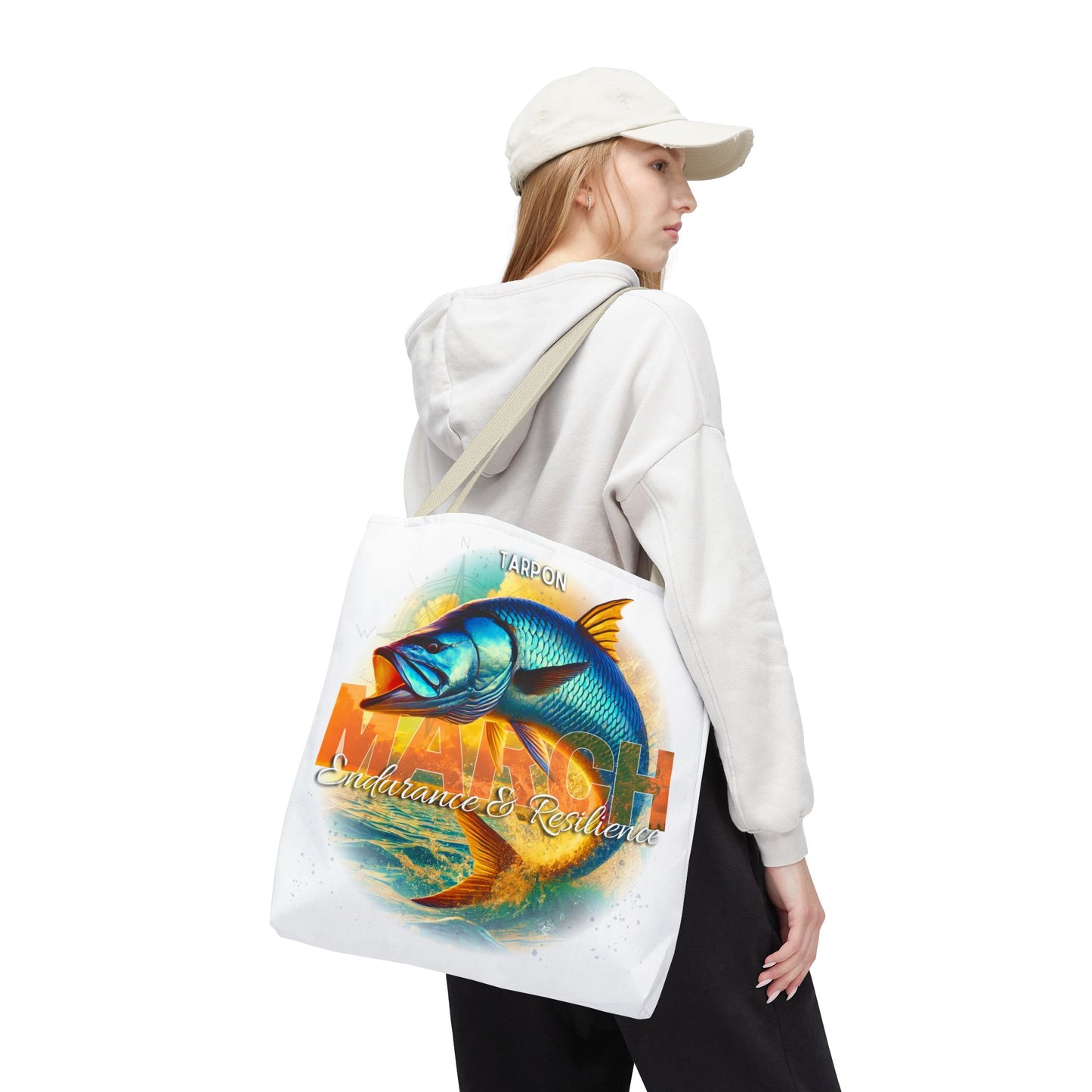 Birth month beach tote featuring a colorful tarpon fish design with endurance and resilience text