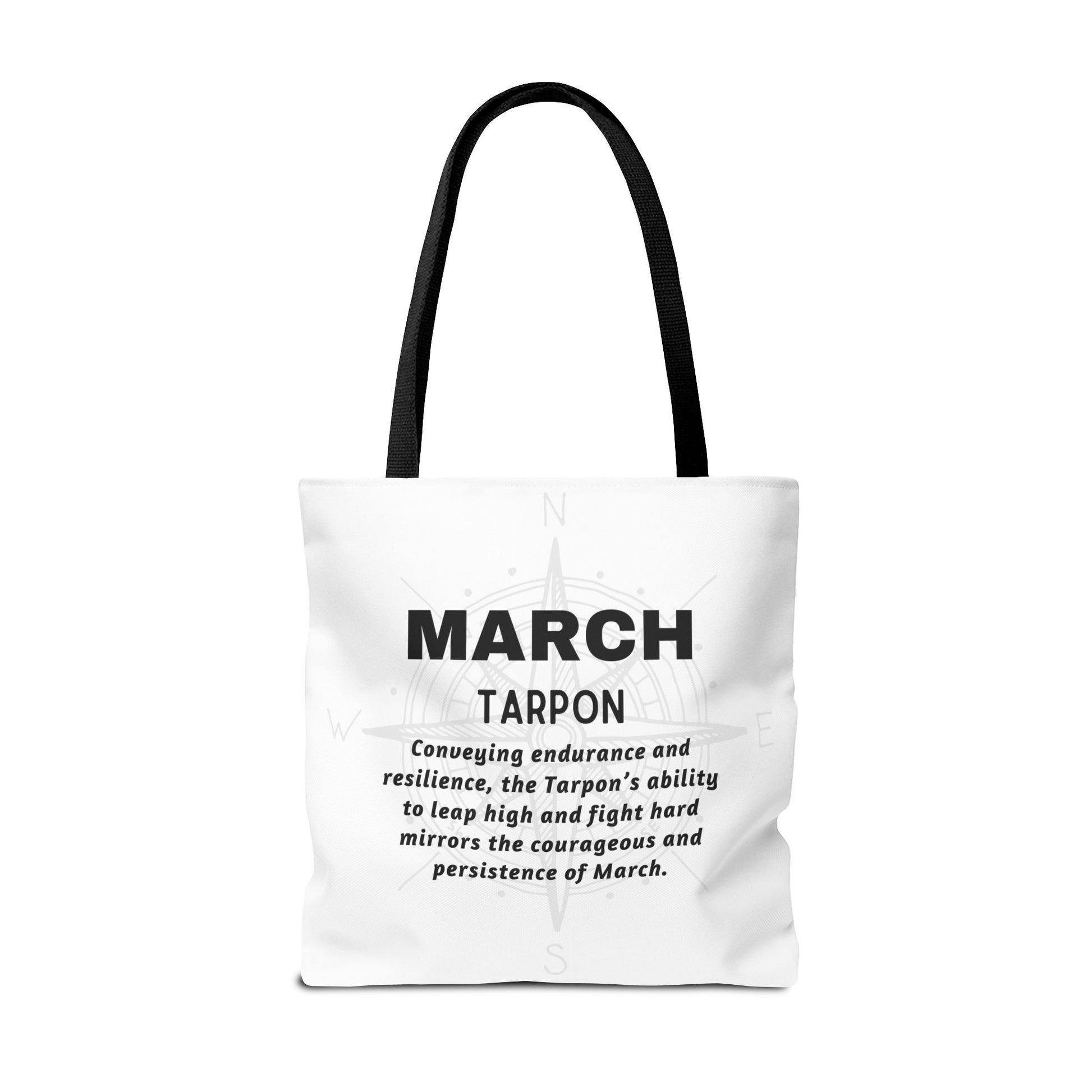 March birth month beach tote with black handles and inspirational text design