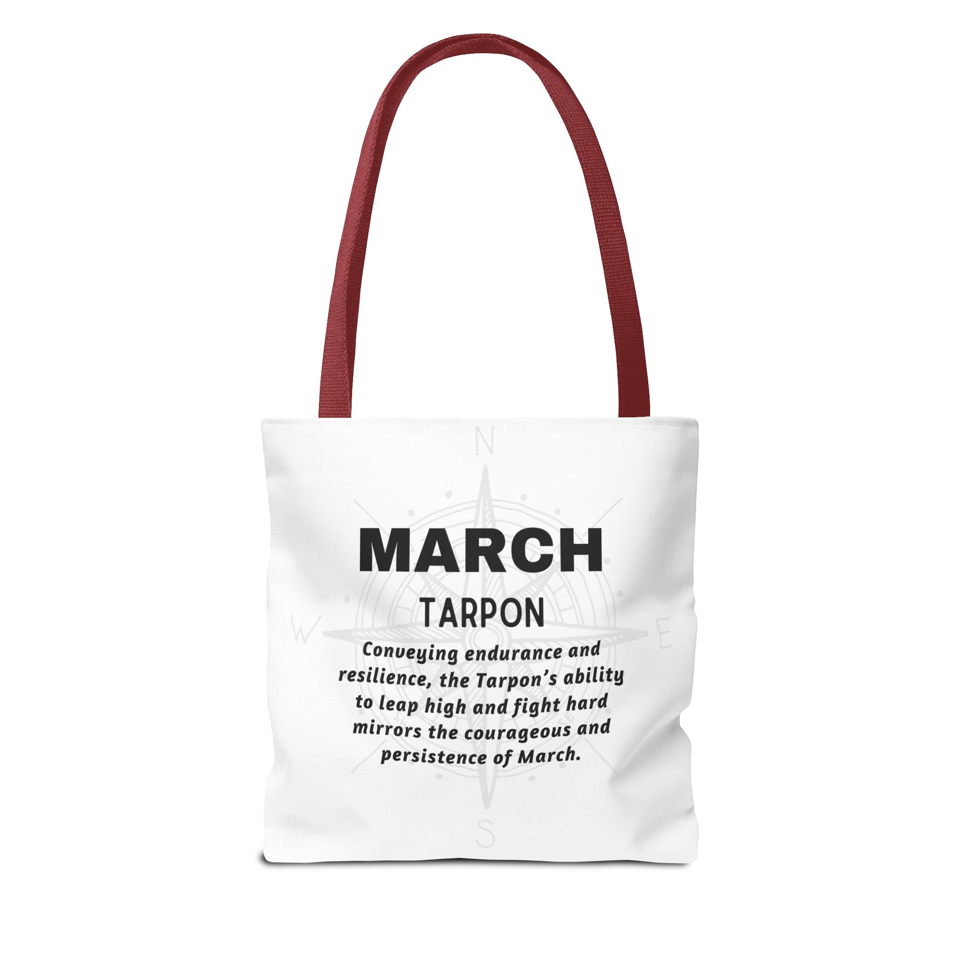 Birth month beach tote with March Tarpon design and inspirational message in black text