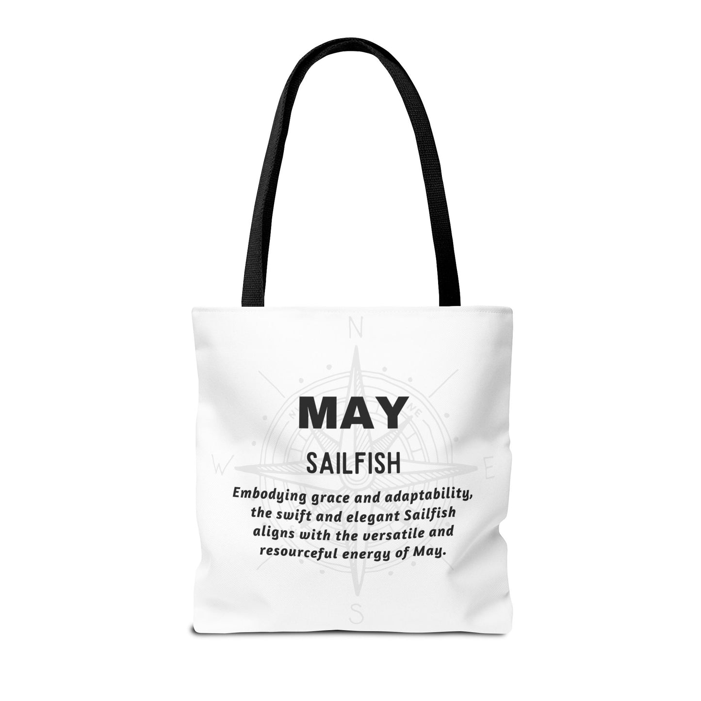 Birth month beach tote in white with May Sailfish design and black handles