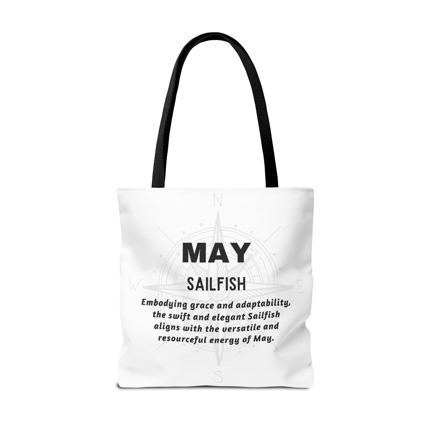 Birth month beach tote in white with black handles featuring May Sailfish design and descriptive text