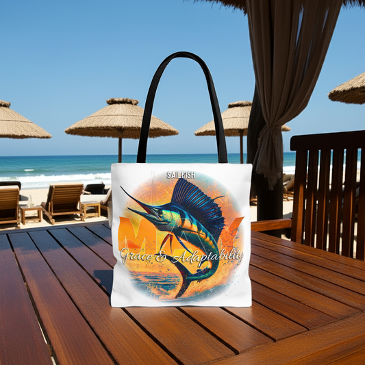 Birth month beach tote with colorful sailfish design on wooden table at the beach