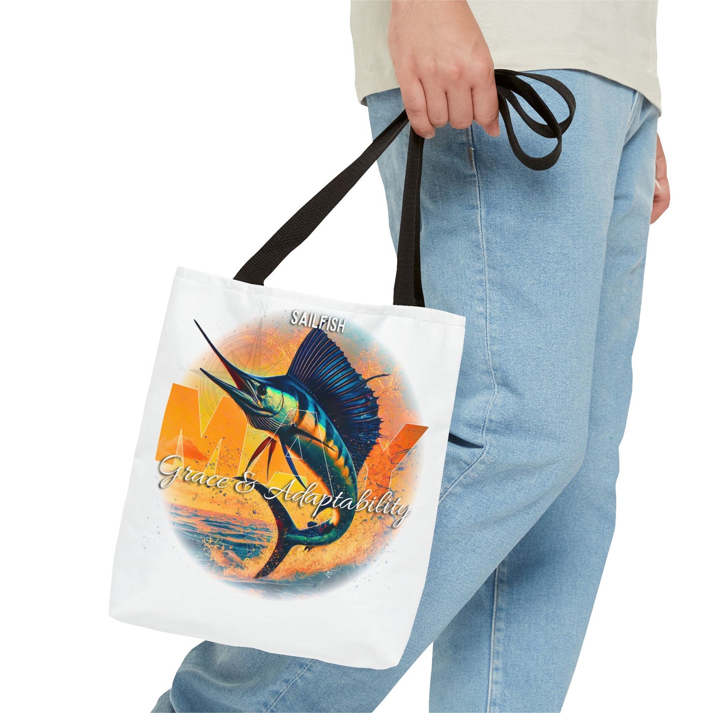 Birth month beach tote featuring colorful sailfish design with grace and adaptability text