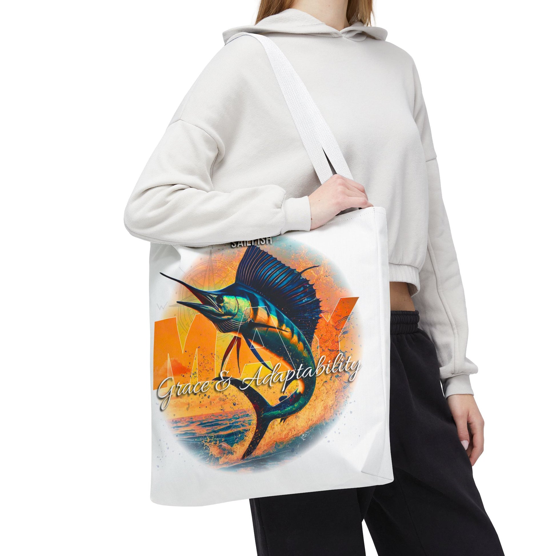 White birth month beach tote with colorful marlin fish design and Grace and Adaptability text