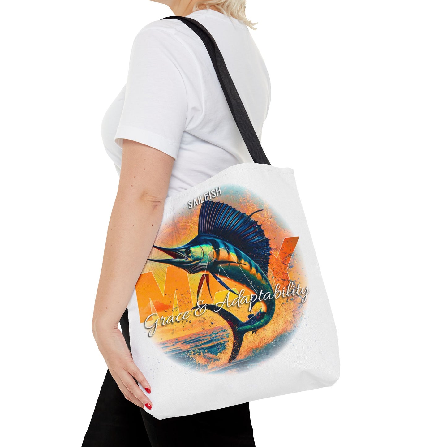 Birth month beach tote with colorful marlin fish design and grace and adaptability text