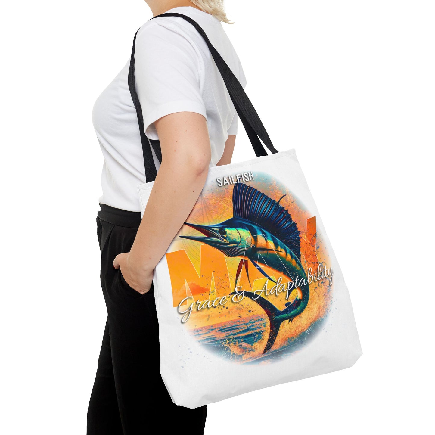 Birth month beach tote with marlin fish design and grace and adaptability text