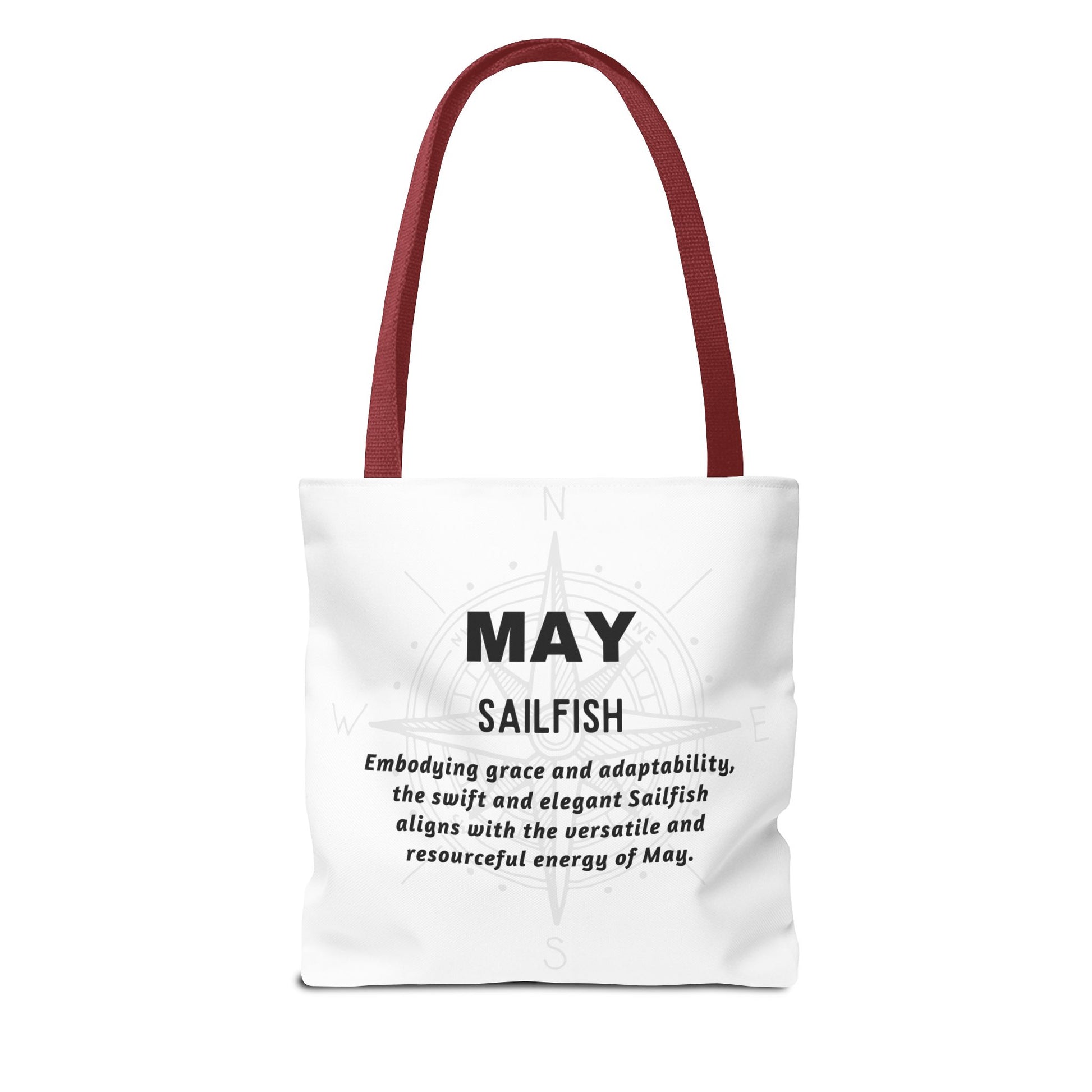 Birth month beach tote for May with sailfish design and descriptive text on white fabric