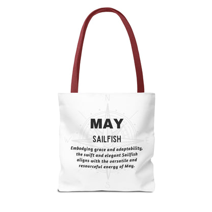Birth month beach tote for May with sailfish design and descriptive text on white fabric