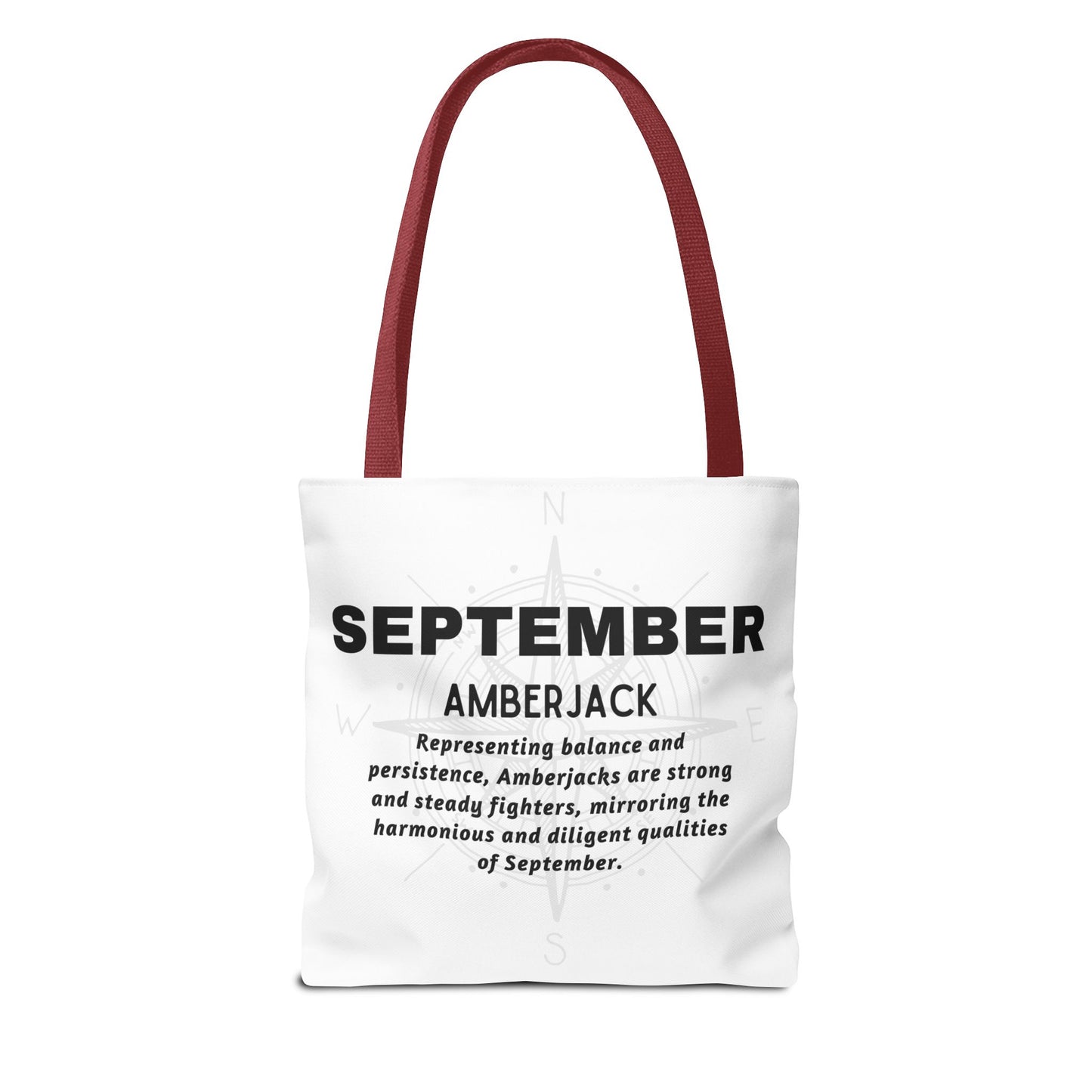 Birth month beach tote with September Amberjack design and maroon handles