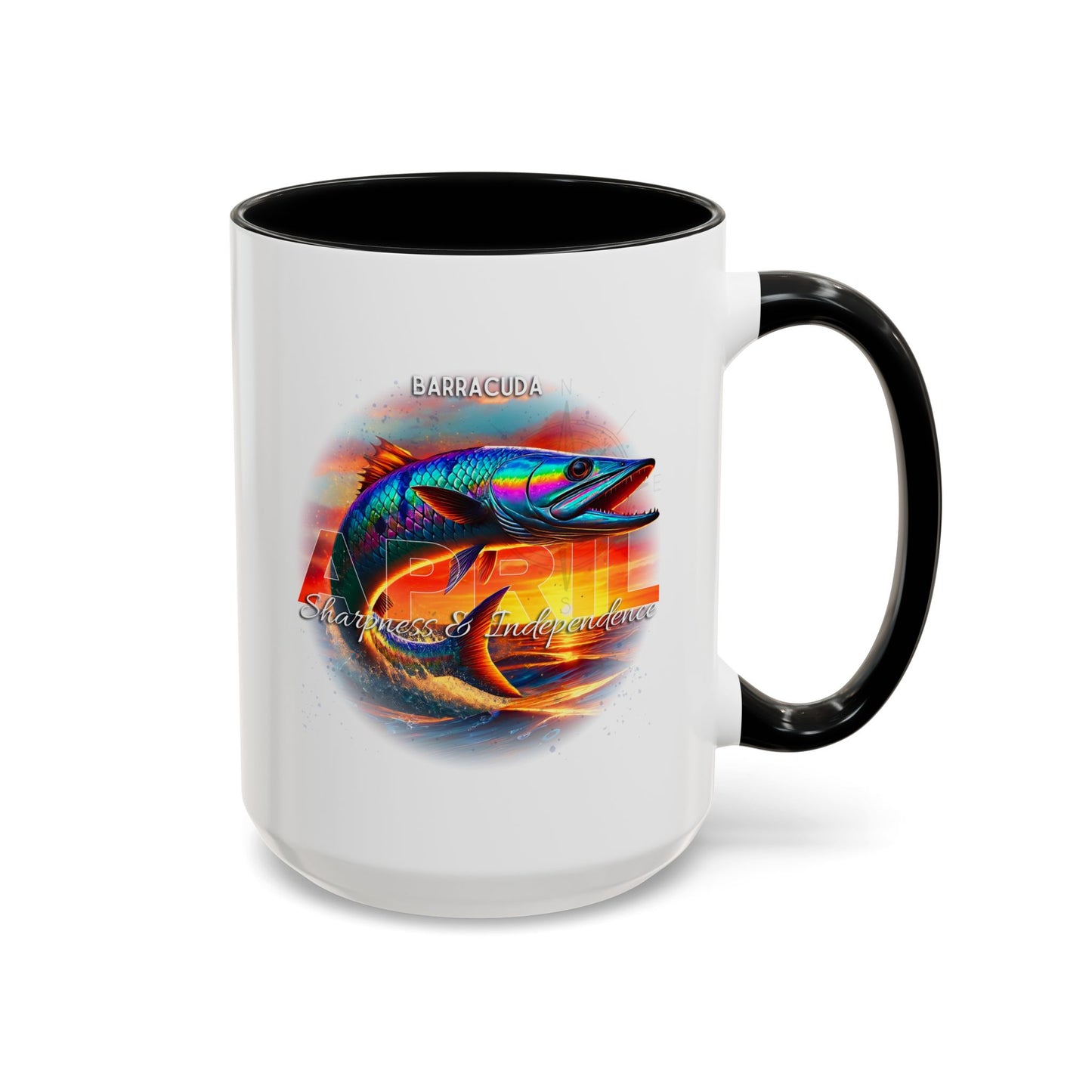 Birth month coffee mug with colorful barracuda fish design and black handle