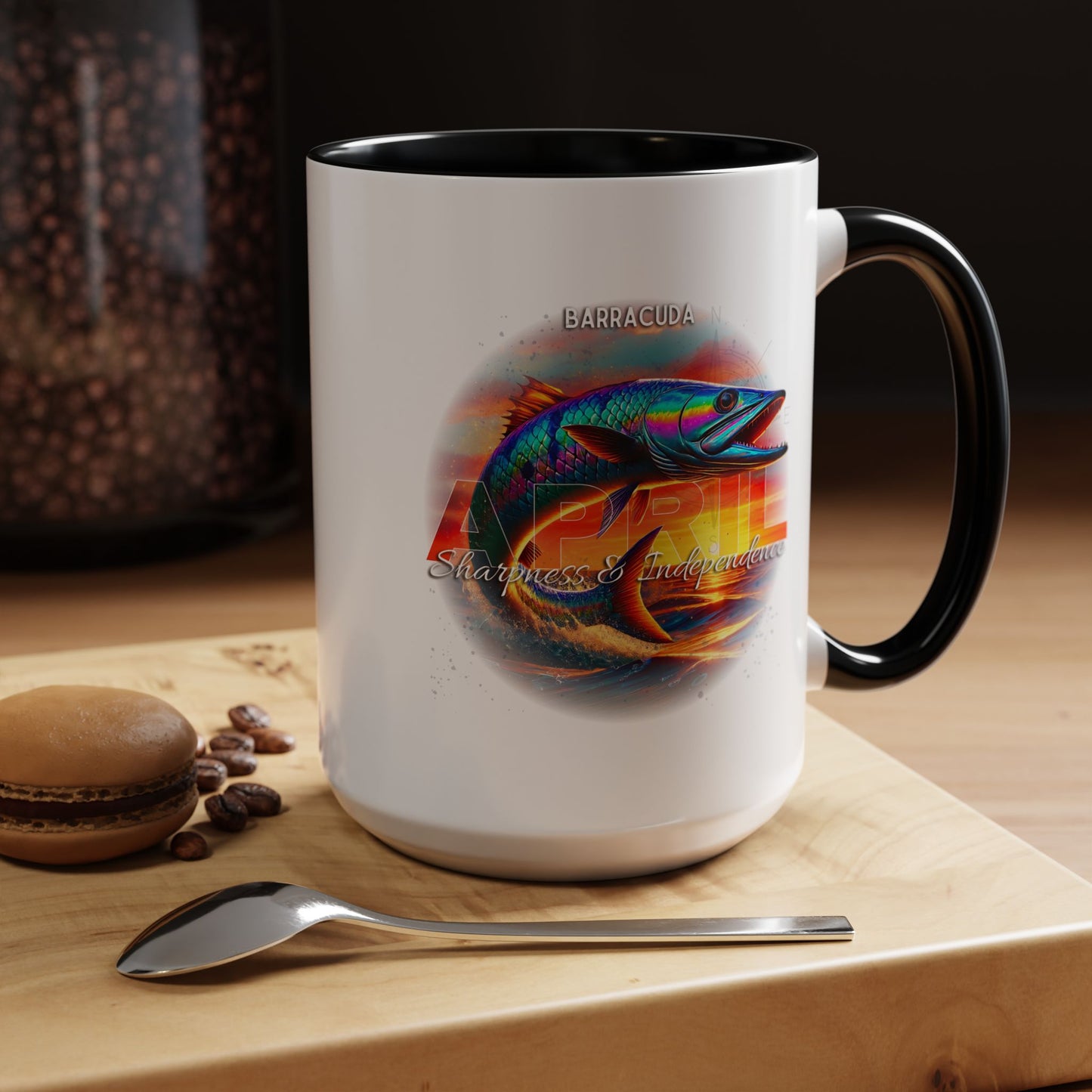 Birth month coffee mug featuring colorful barracuda design with April label and black handle