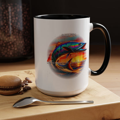 Birth month coffee mug featuring colorful barracuda design with April label and black handle