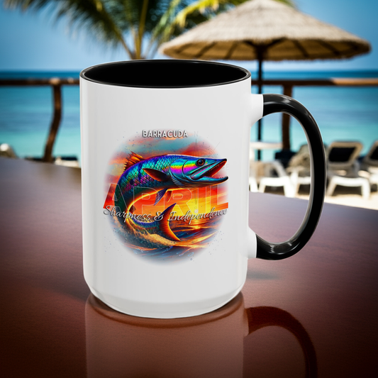 Birth month coffee mug featuring a colorful barracuda fish design for April