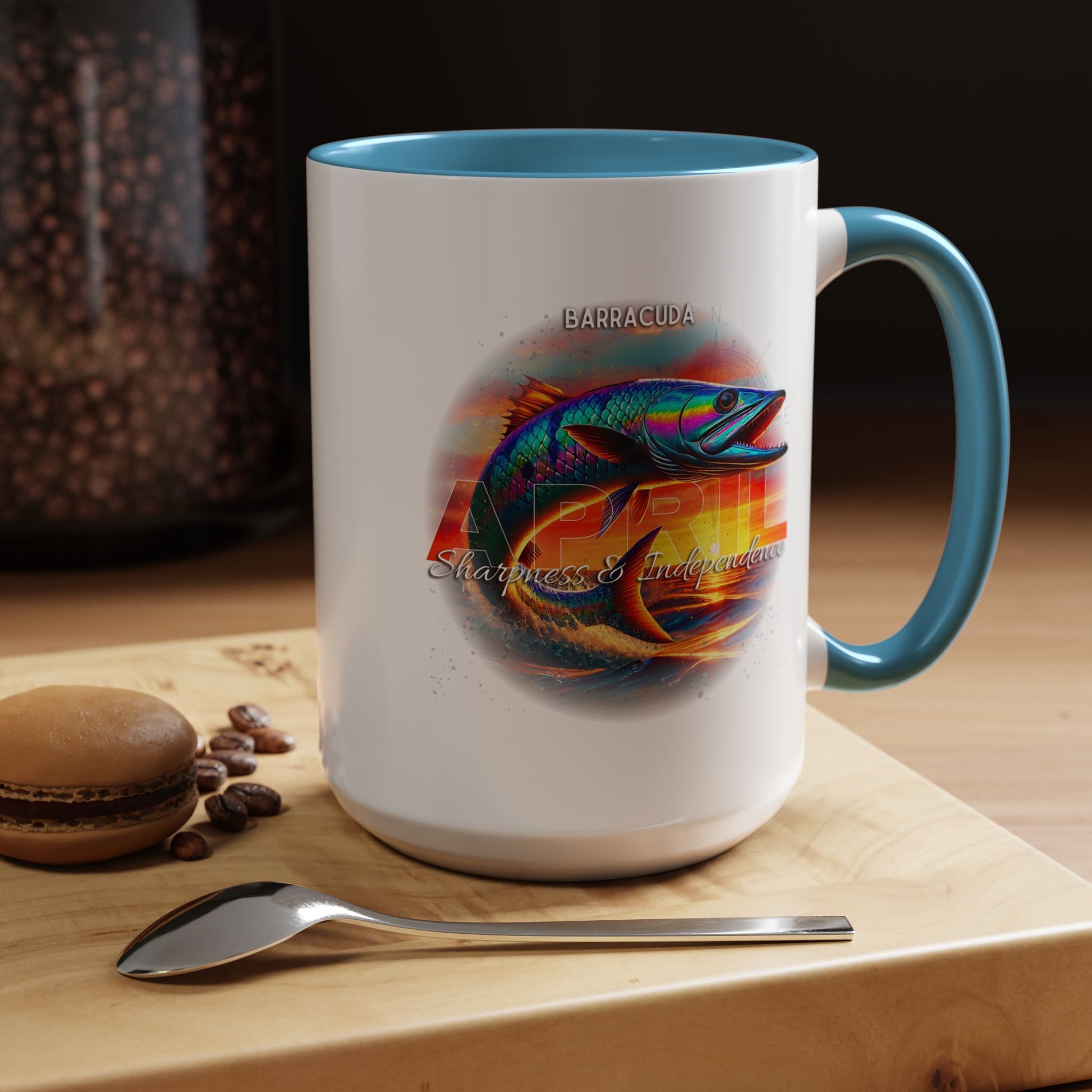 Birth month coffee mug with colorful barracuda fish design and blue handle