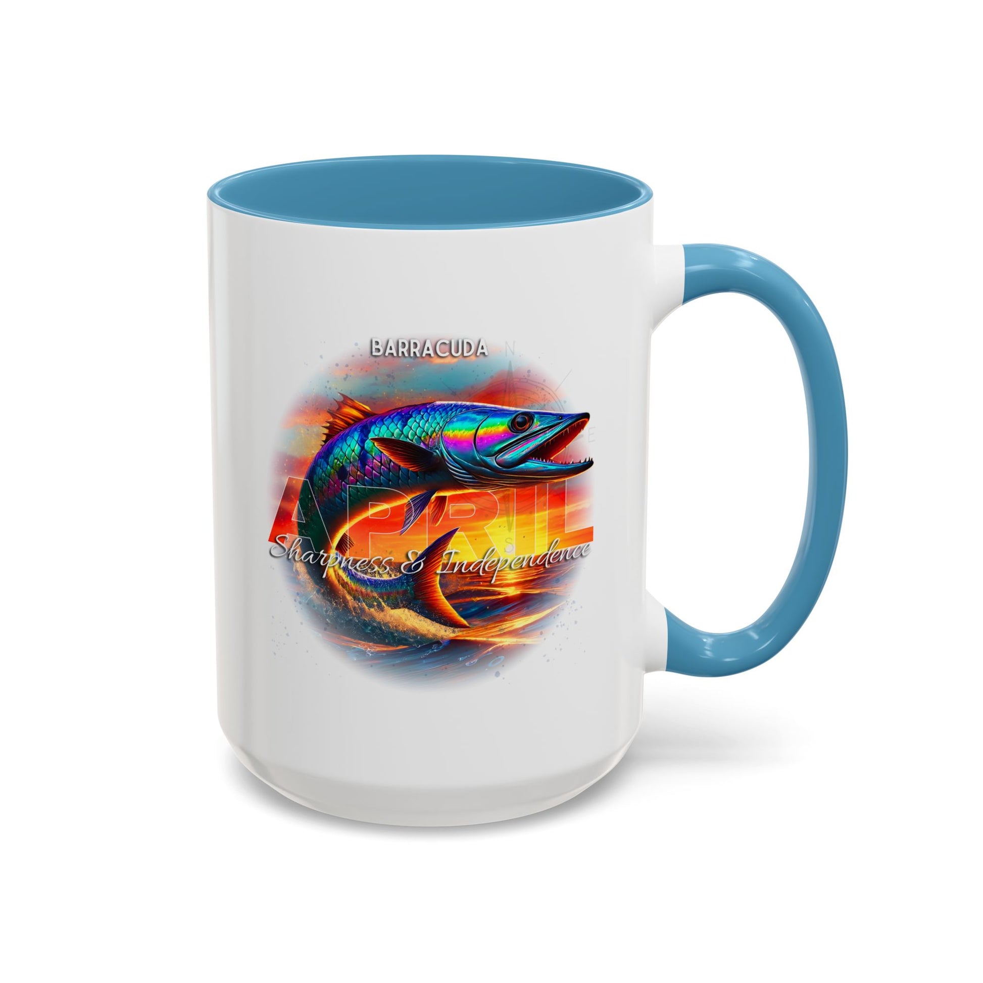 Birth month coffee mug with colorful Barracuda fish design and blue handle