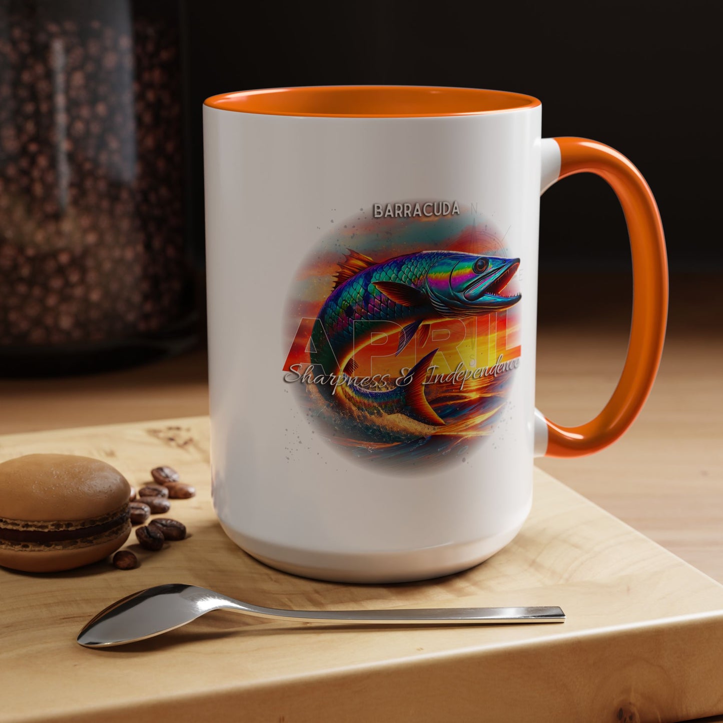 Birth month coffee mug featuring colorful barracuda design with orange handle and interior