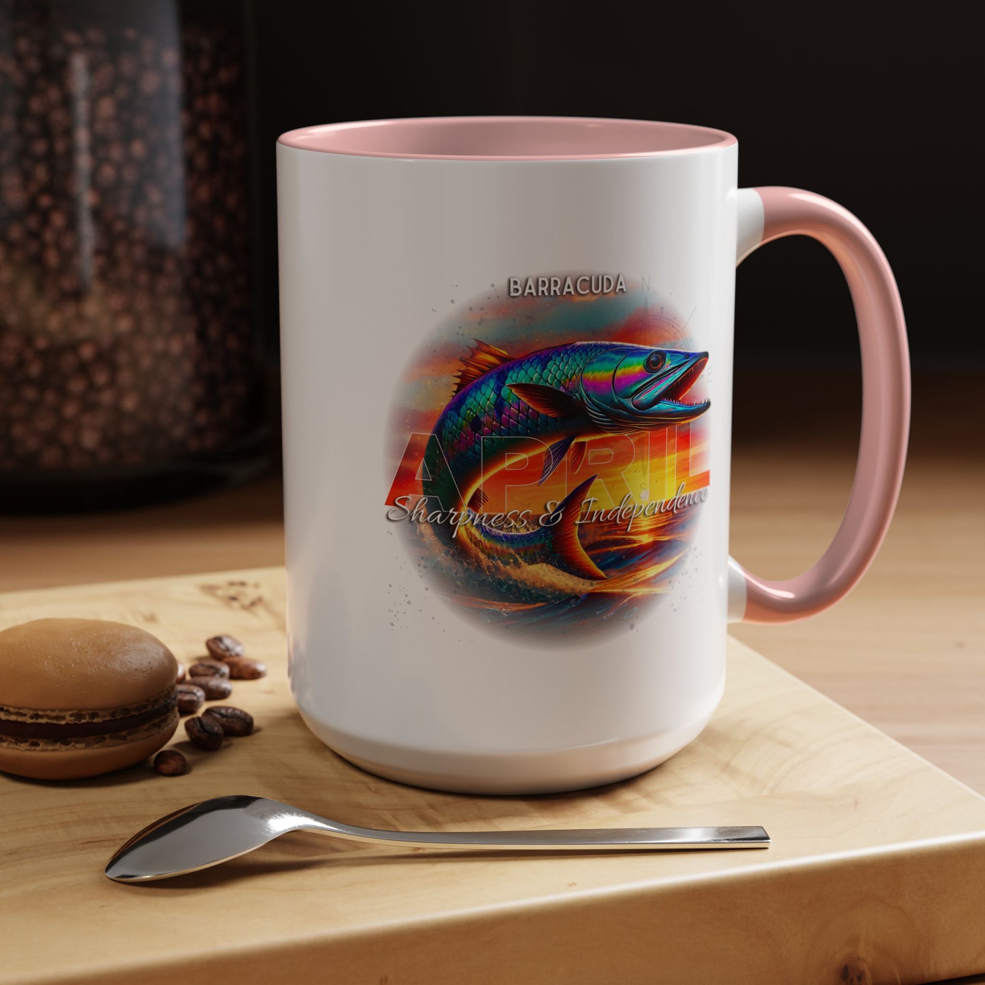 Birth month coffee mug with colorful barracuda fish design and pink handle