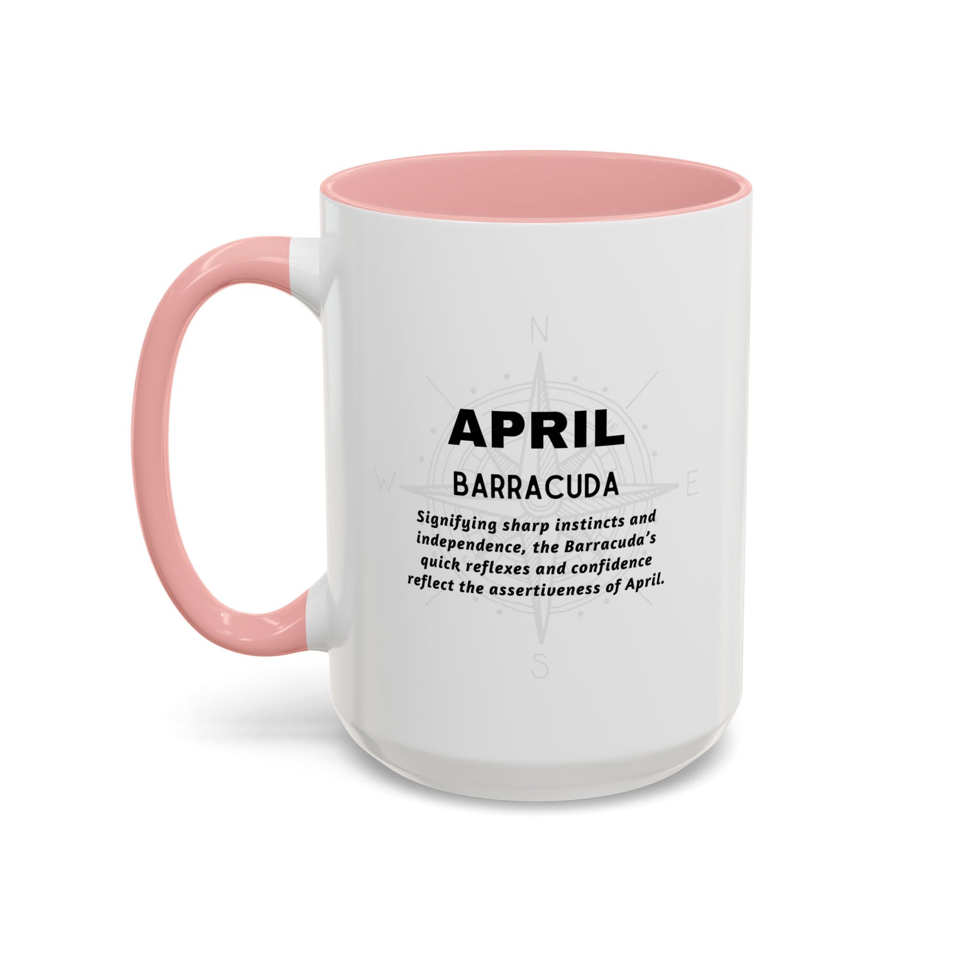 April birth month coffee mug with pink handle and inside featuring barracuda design and personality traits