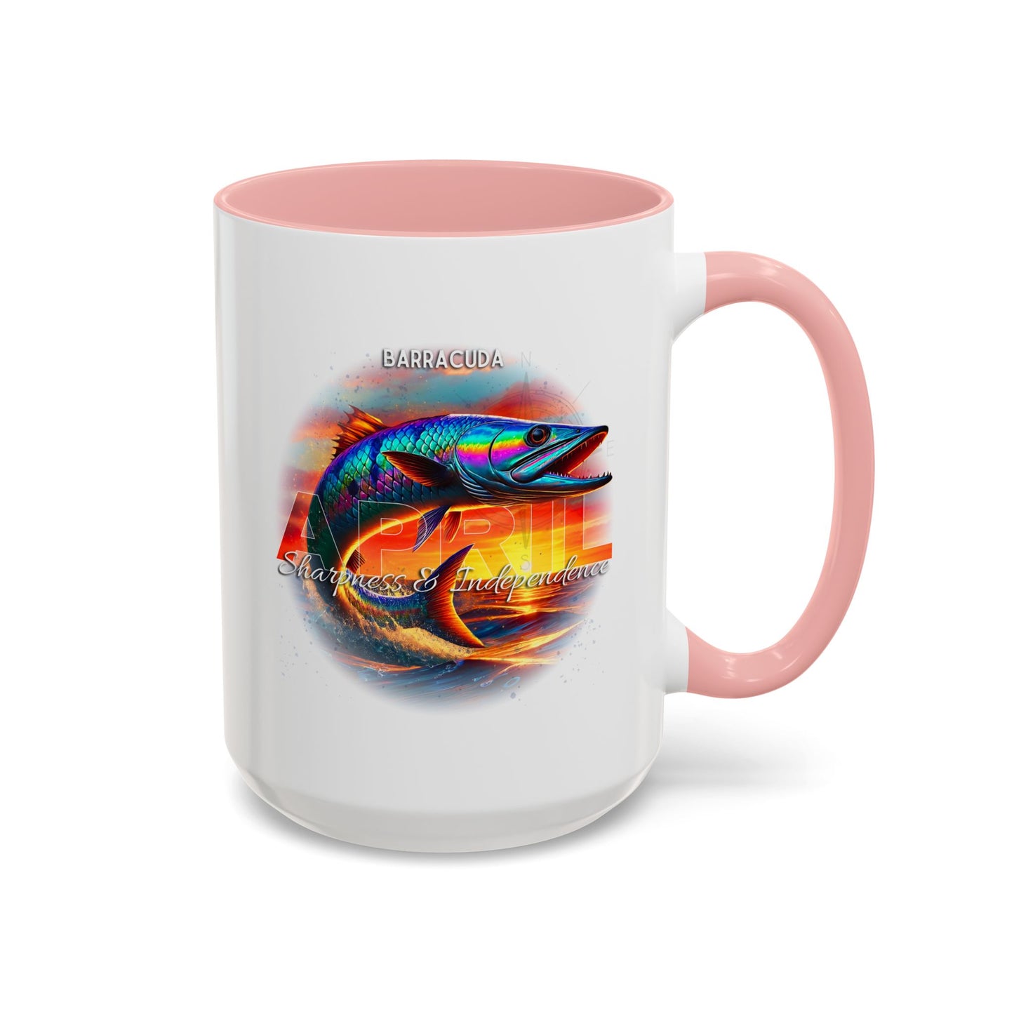 Birth month coffee mug with colorful barracuda design and pink handle and interior