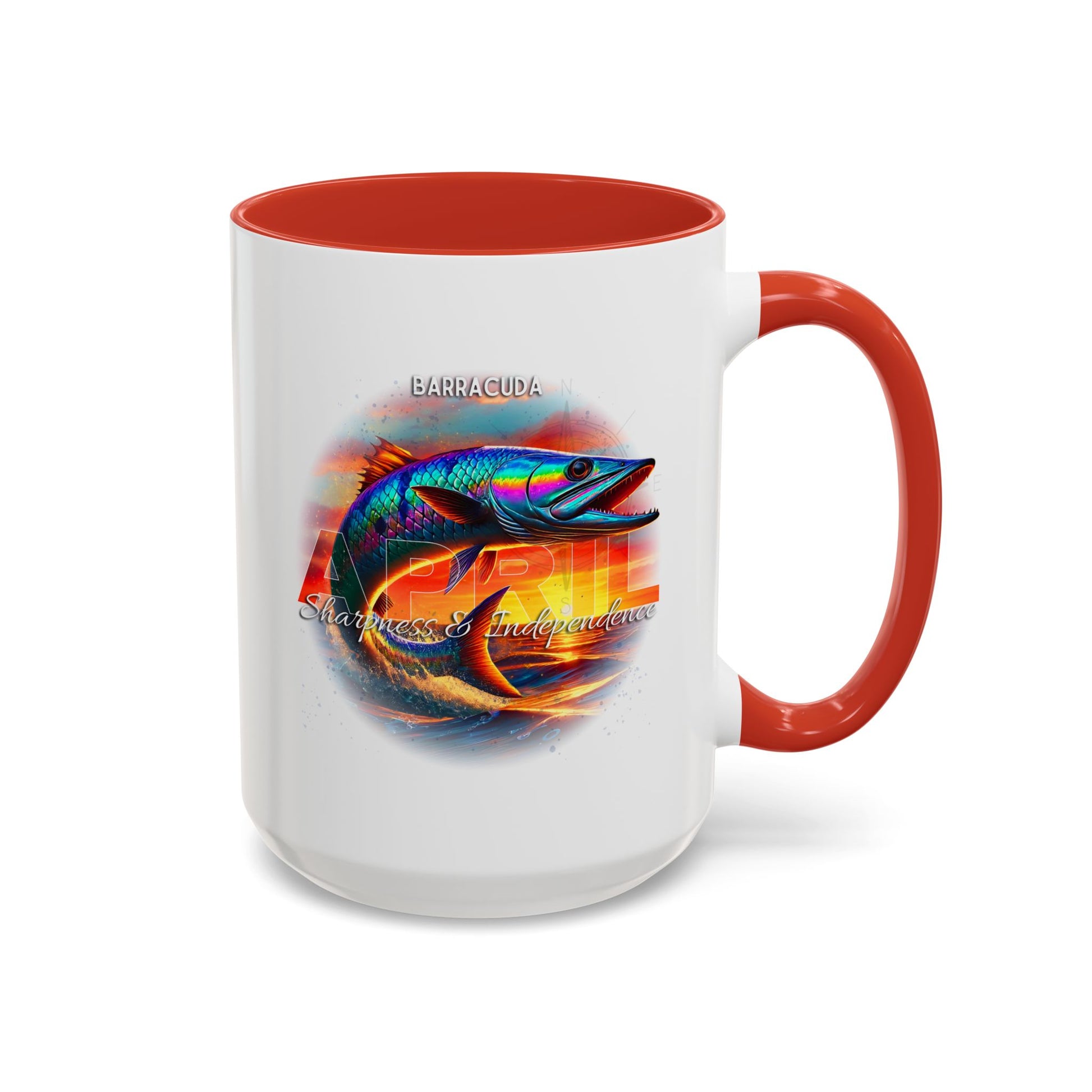 Birth month coffee mug with colorful barracuda design and red handle and interior